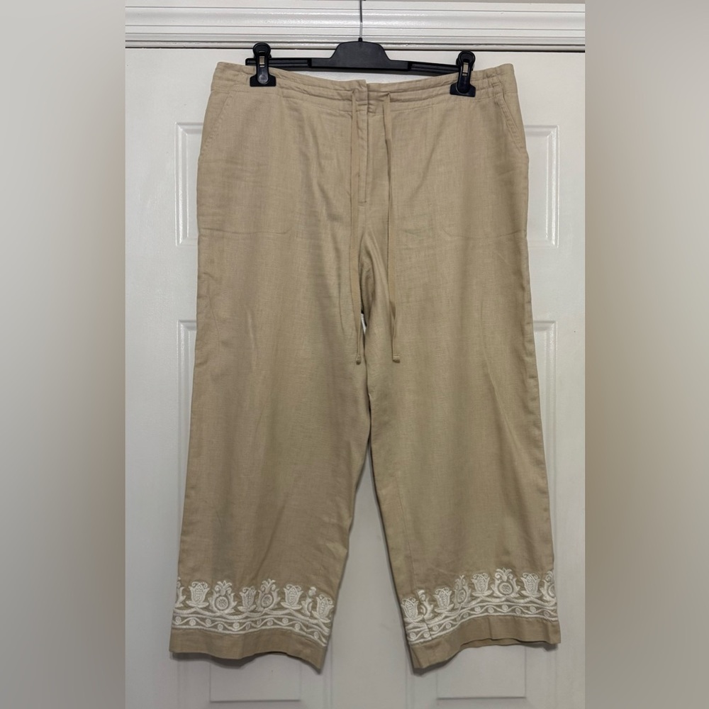 Talbots Khaki Linen Blend Size 12 Embroidered Cropped Pants